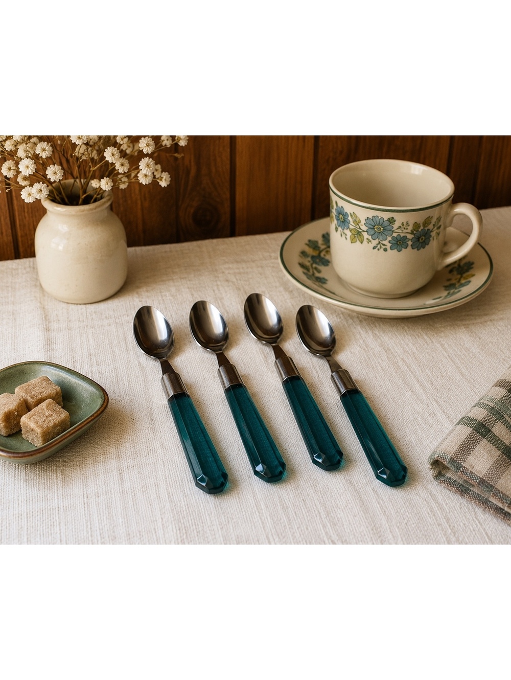 Vintage Teal Acrylic Handle Teaspoons Set of 4 Stainless Steel 5.5 Inch